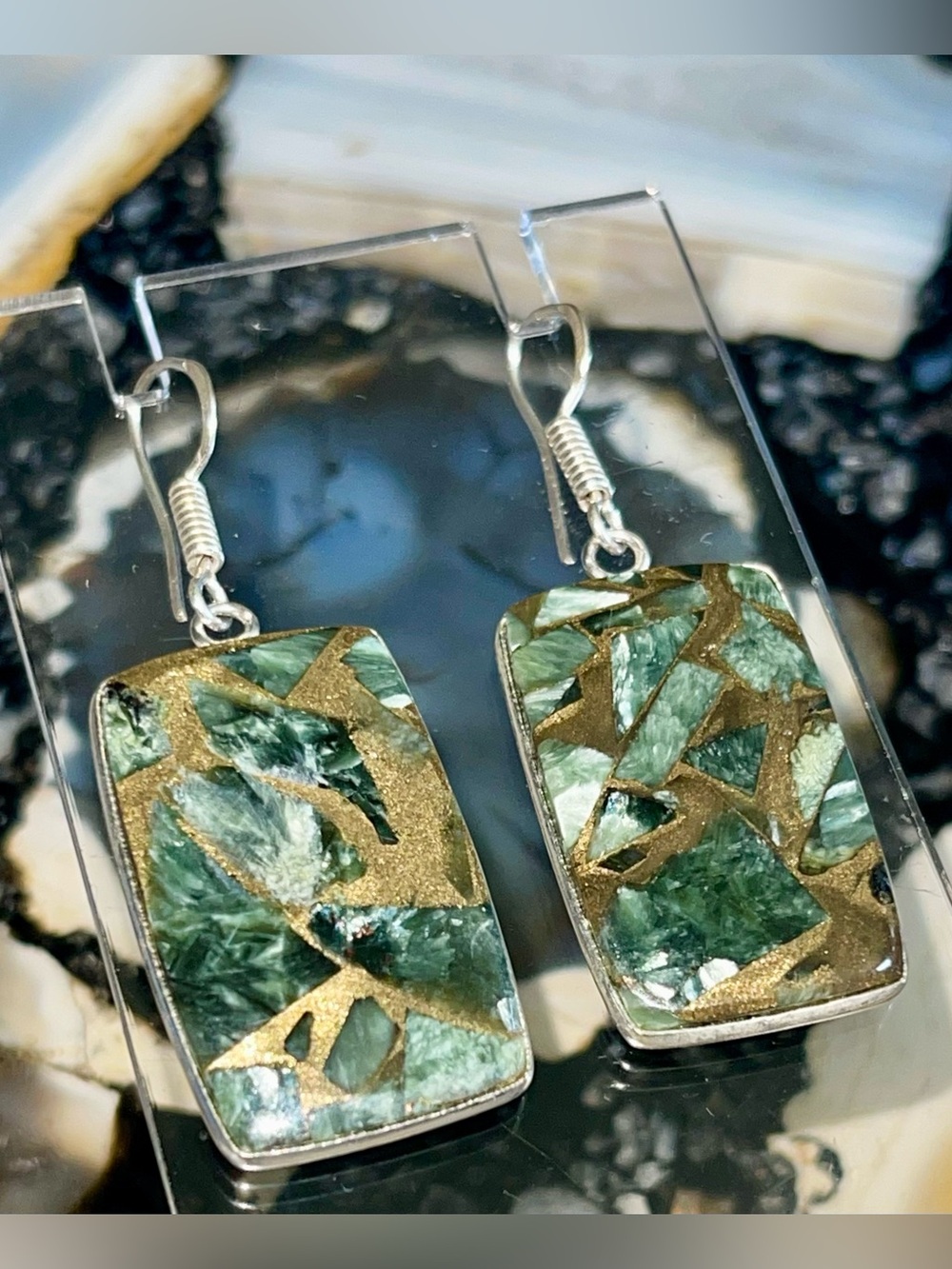 Silver Sheen Seraphinite in Copper Earrings 1 7/8”